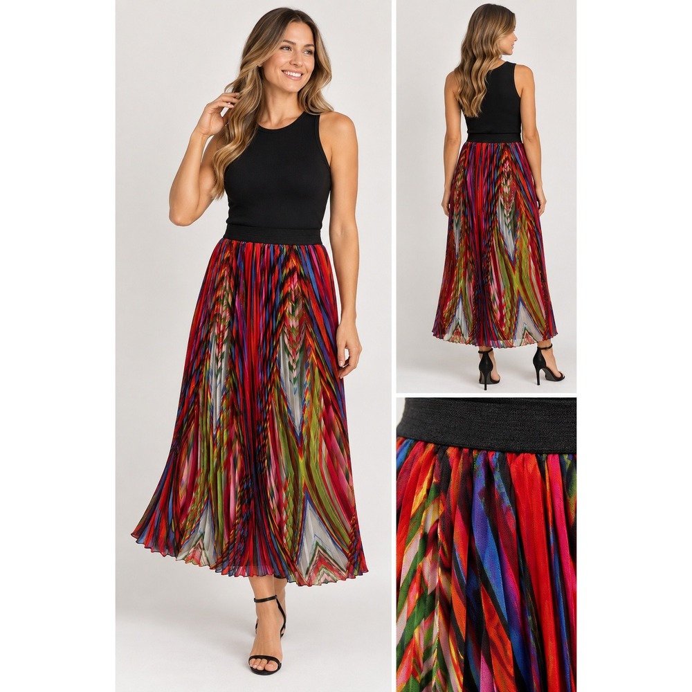 Truth NYC Pleated Maxi Skirt Womens L Boho Artistic Multi-Color Chevron Pleats